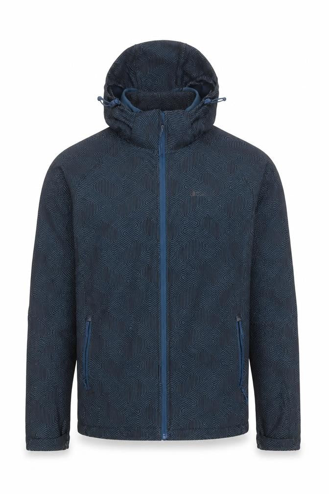 Front view of Mountain Warehouse Men's Blue Softshell Hooded Jacket, size L, Outdoor