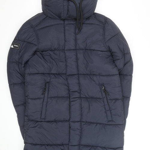 Superdry Men Blue Longline Puffer Coat Hooded Winter Jacket M