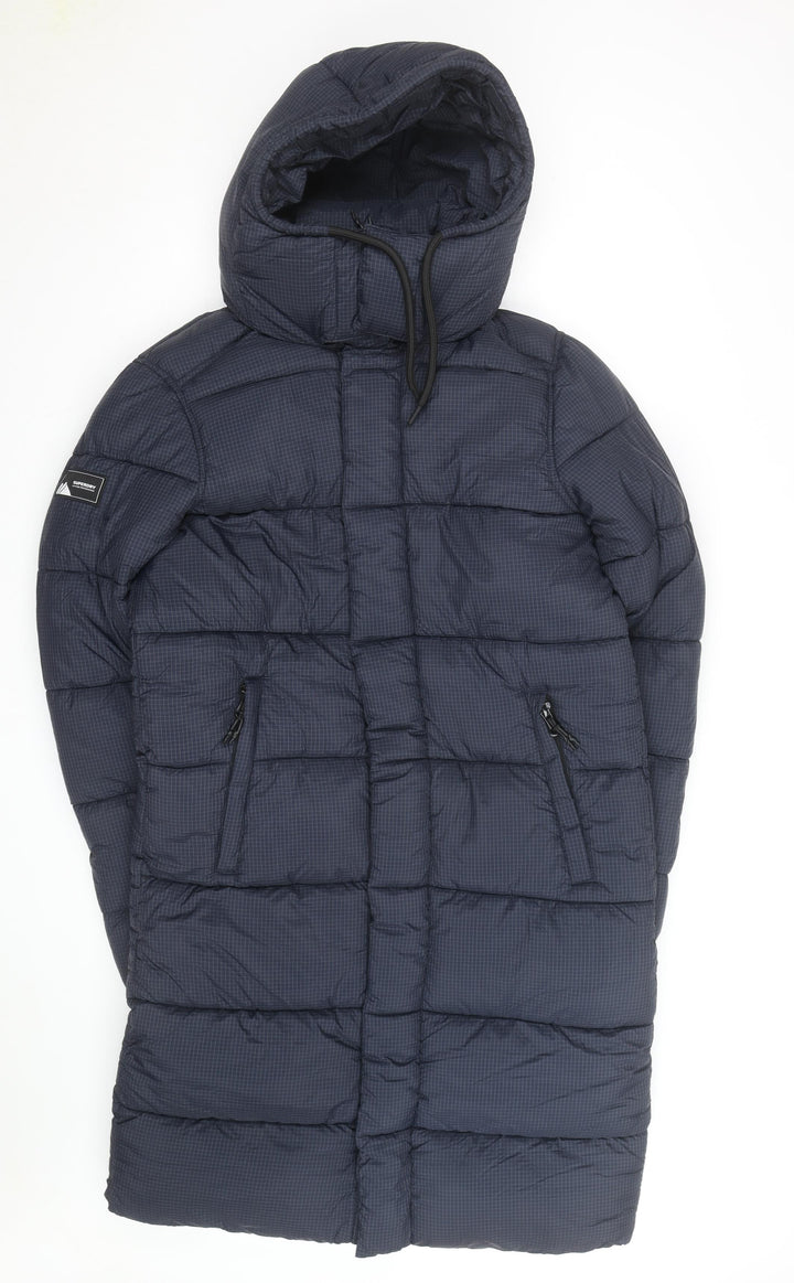 Superdry Men Blue Longline Puffer Coat Hooded Winter Jacket M