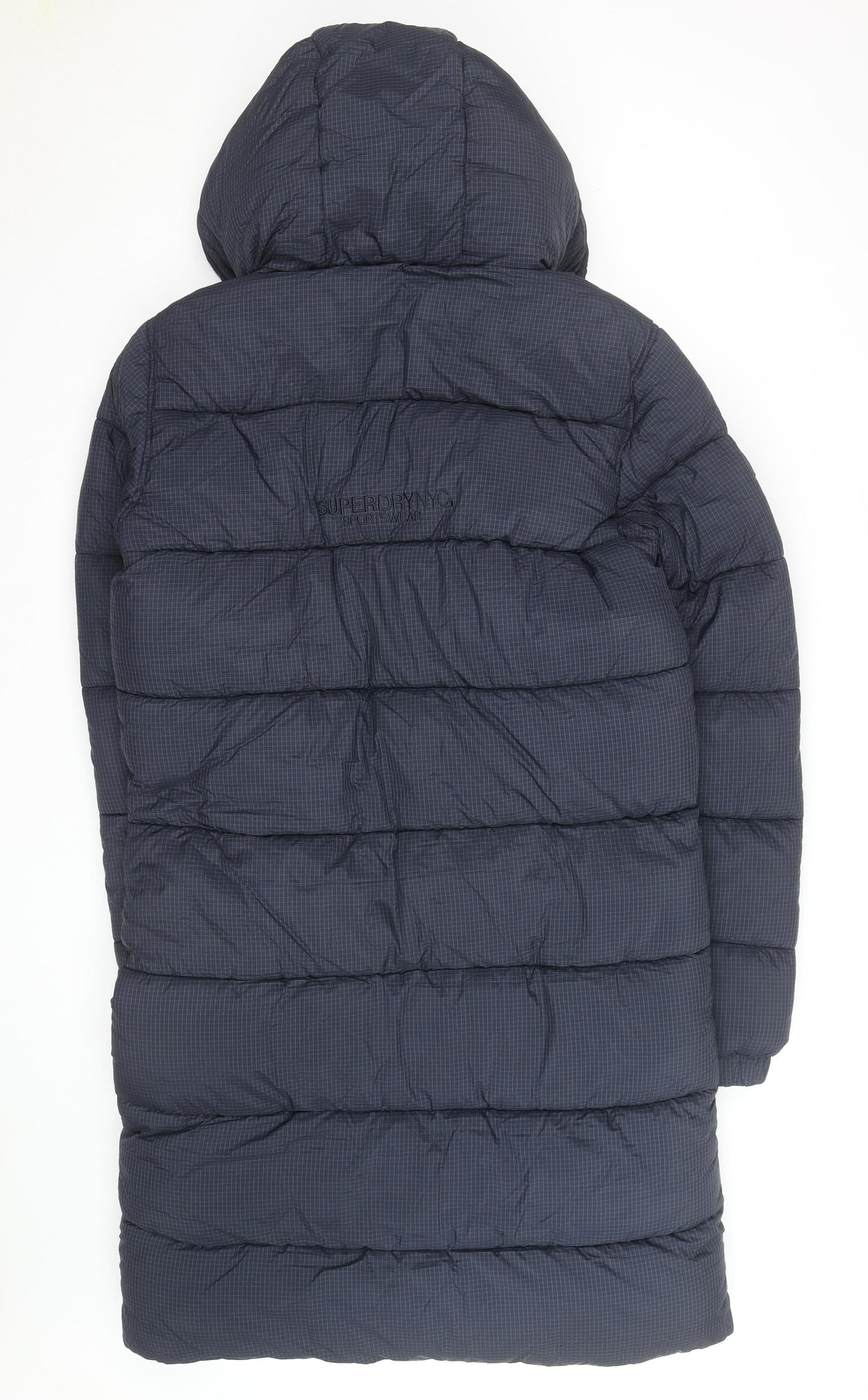 Superdry Men Blue Longline Puffer Coat Hooded Winter Jacket M