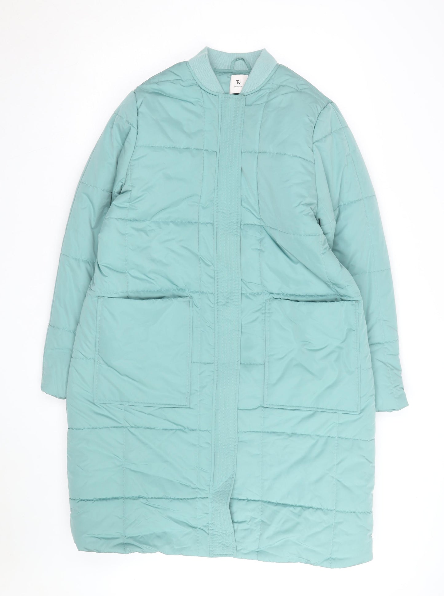 Tu Women Green Long Puffer Coat Size 14 Quilted Zip Winter Jacket