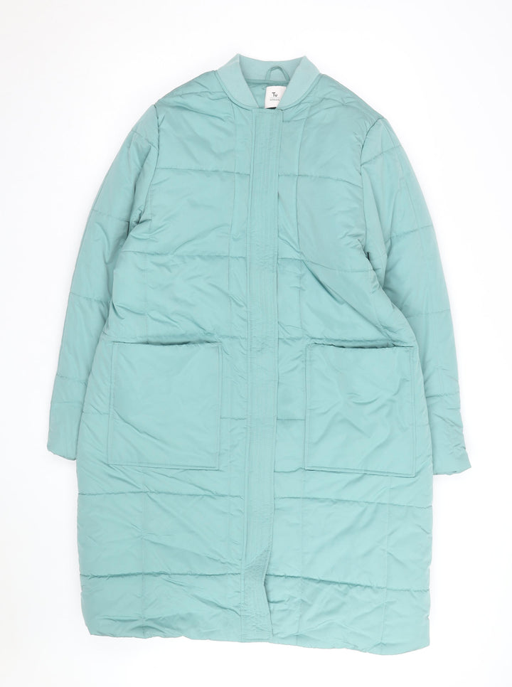 Tu Women Green Long Puffer Coat Size 14 Quilted Zip Winter Jacket