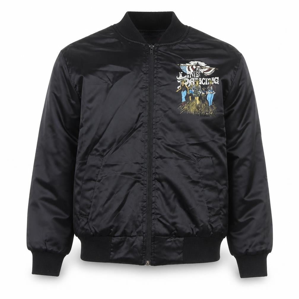 Front view of Zip It London Men's Black Bomber Jacket, size S, Western Line Dancing Embroidered