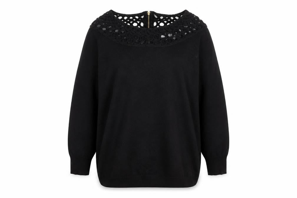 Front view of Per Una Women's Black, size 14, Crochet Neck jumper