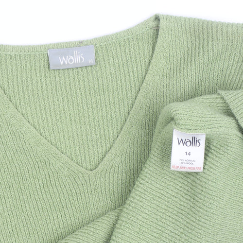 Wallis Women Green V-Neck Wool Blend Knit Jumper Size 14