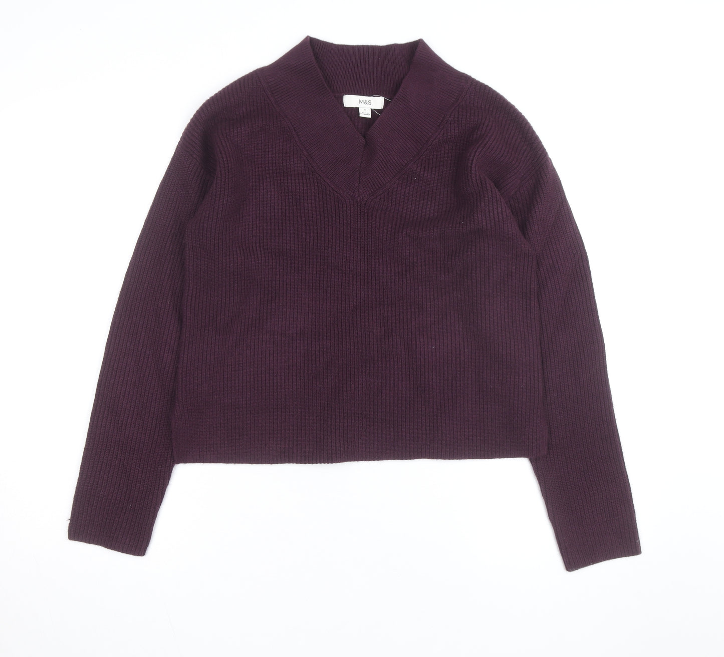 Marks and Spencer Women's Purple V-Neck Rib Knit Jumper Size S