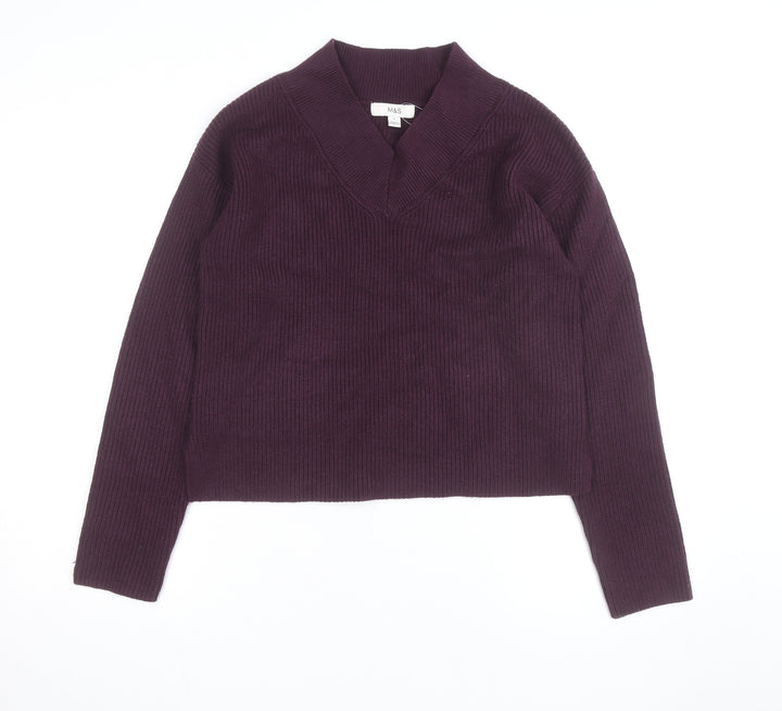 Marks and Spencer Women's Purple V-Neck Rib Knit Jumper Size S