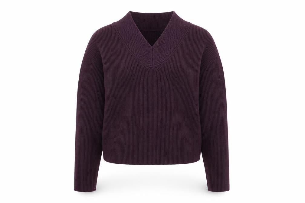 Marks and Spencer Women's Purple V-Neck Rib Knit Jumper Size S