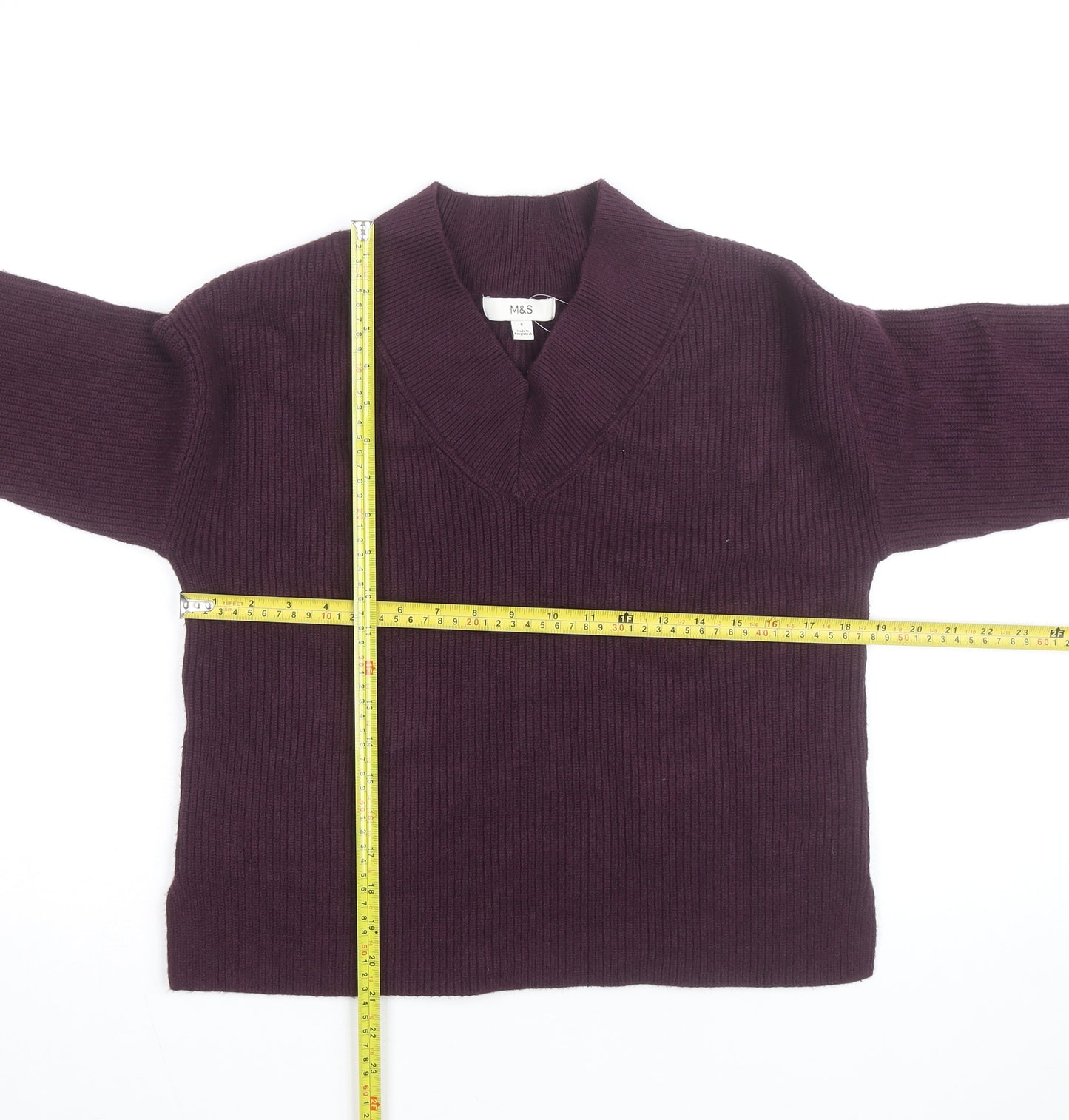 Marks and Spencer Women's Purple V-Neck Rib Knit Jumper Size S