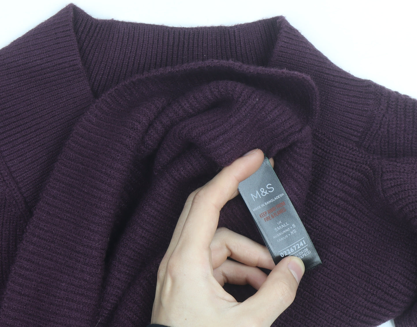 Marks and Spencer Women's Purple V-Neck Rib Knit Jumper Size S