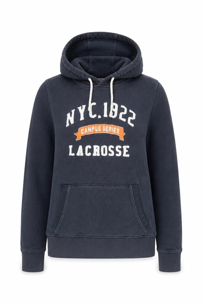 Front view of Authentic Authentic Apparel Co. Women’s Navy Blue Pullover Hoodie, size UK 10, Lacrosse Print
