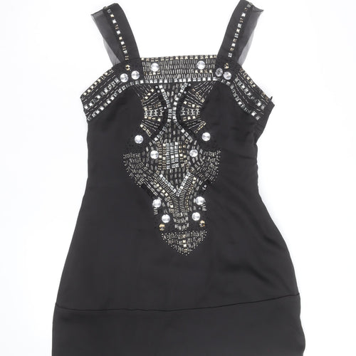 Cotton Club Women's Black Beaded Satin Camisole Tank Top Size 12