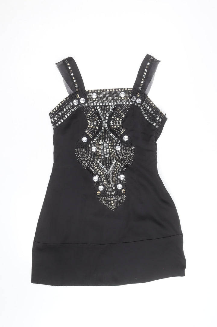 Cotton Club Women's Black Beaded Satin Camisole Tank Top Size 12
