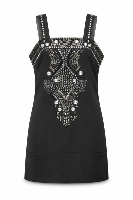 Front view of Cotton Club Women's Black Beaded Satin Camisole Tank Top, size 12