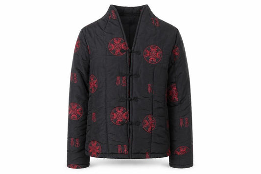Front view of Forget-Me-Not unisex black quilted embroidered cotton jacket xs