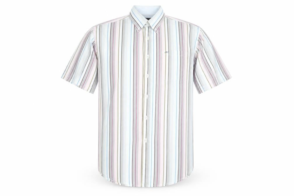 Front view of Meantime Men's Multicoloured Striped Short Sleeve Button-Up Shirt XL