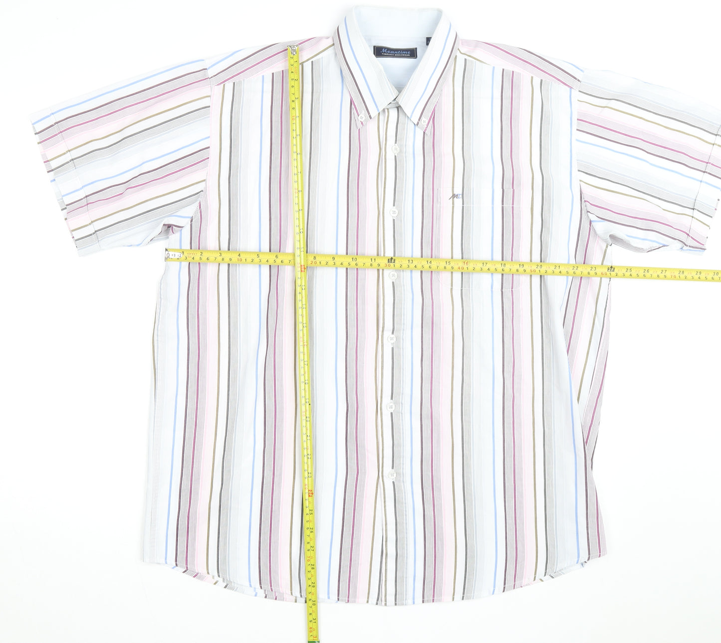 Meantime Men's Multicoloured Striped Short Sleeve Button-Up Shirt XL