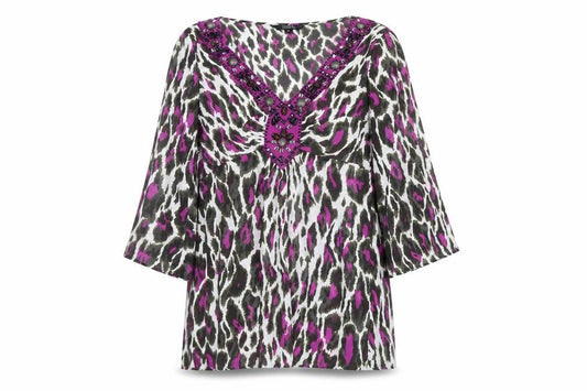 Front view of Star by Julien Macdonald women’s multicoloured beaded tunic blouse, size UK 10