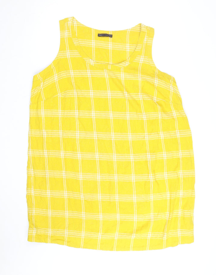 Marks and Spencer Women Yellow Check Linen Shift Dress Size 24