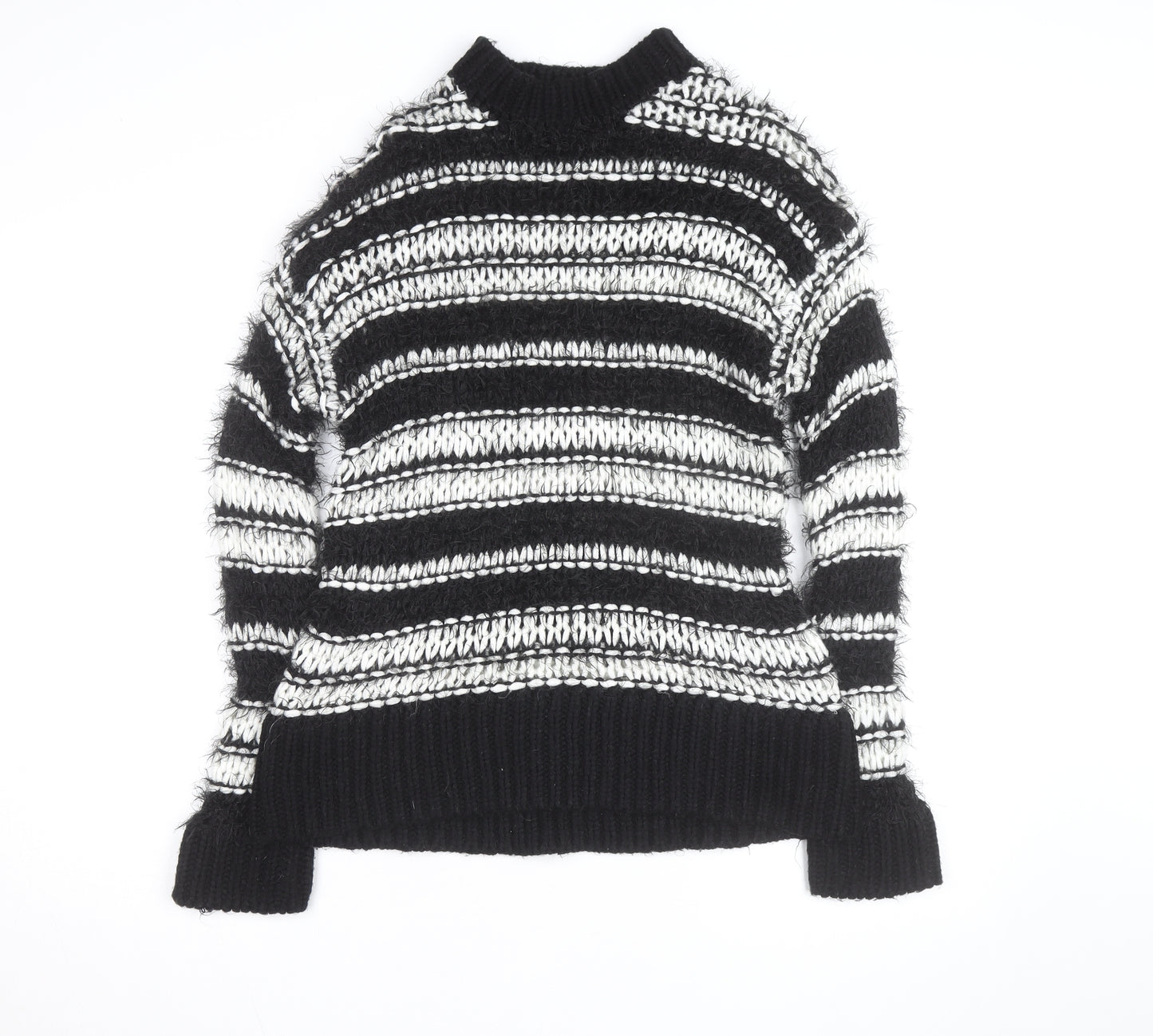 Topshop Women’s Black Striped Chunky Knit High Neck Jumper XS