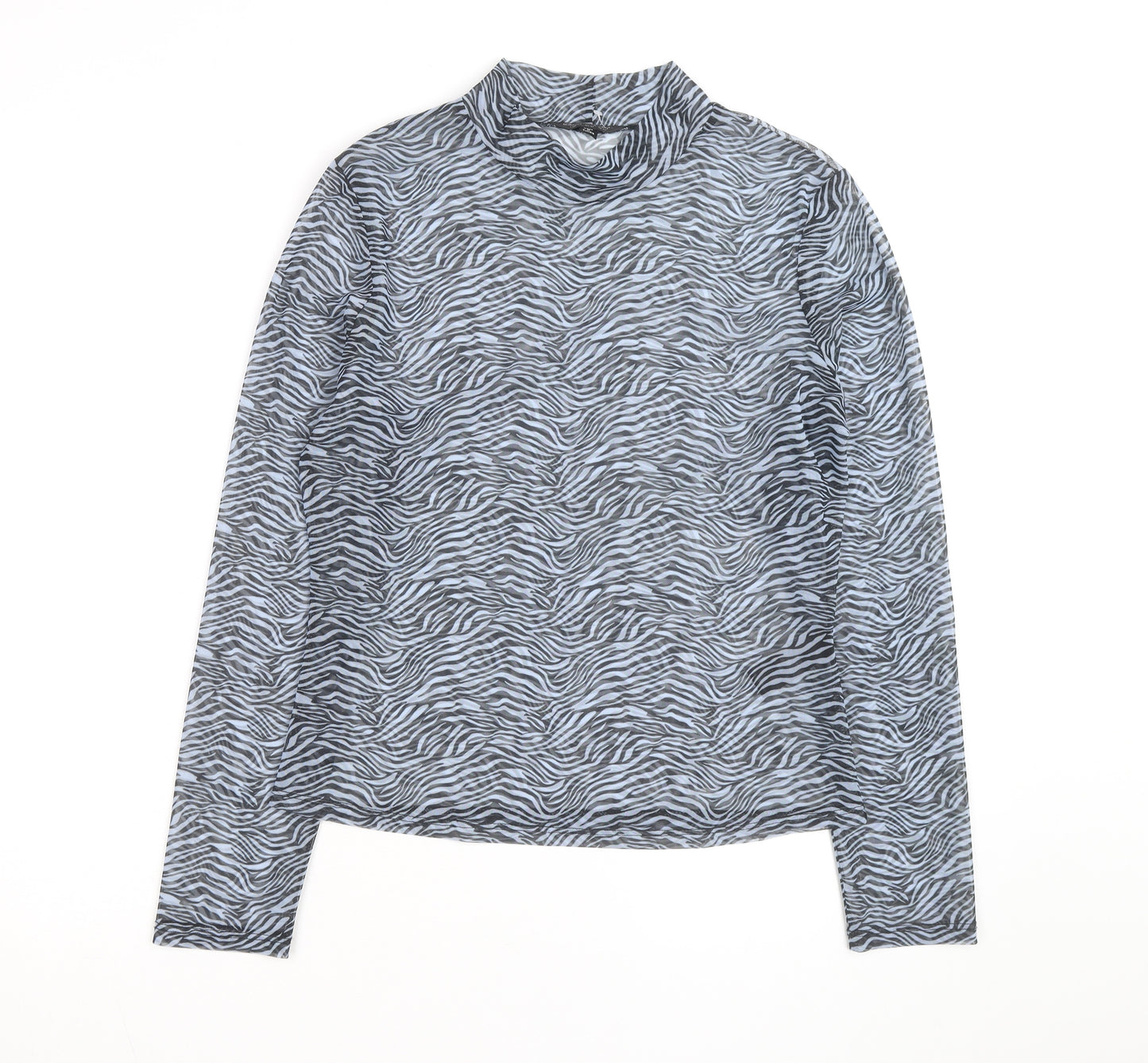 Miss Selfridge Women’s Grey Zebra Mock Neck Mesh Long Sleeve Top Size 16