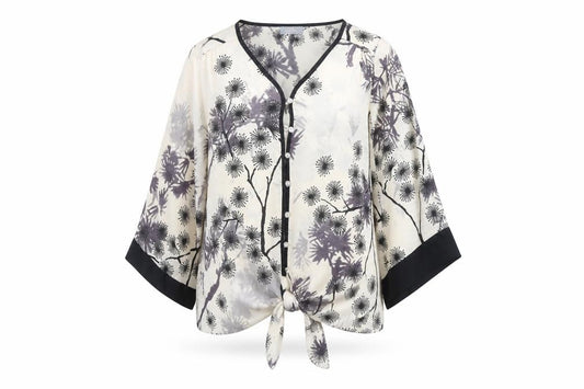 Front view of Wallis Women’s Ivory Floral Kimono Blouse, size S, Button Front