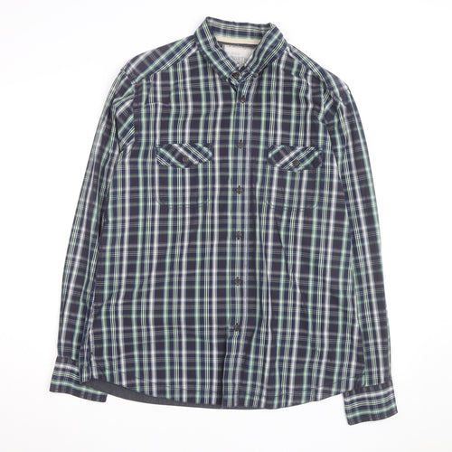 Marks and Spencer Men's Blue Plaid Cotton Button-Up Shirt L