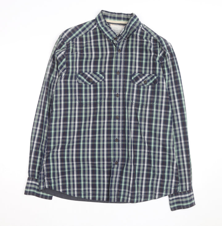 Marks and Spencer Men's Blue Plaid Cotton Button-Up Shirt L