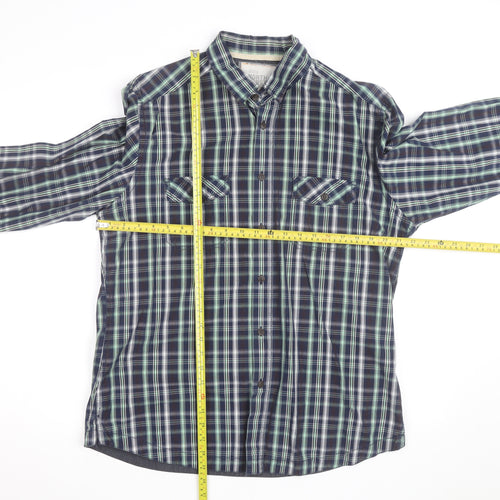 Marks and Spencer Men's Blue Plaid Cotton Button-Up Shirt L