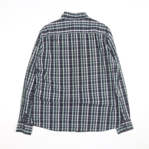 Marks and Spencer Men's Blue Plaid Cotton Button-Up Shirt L