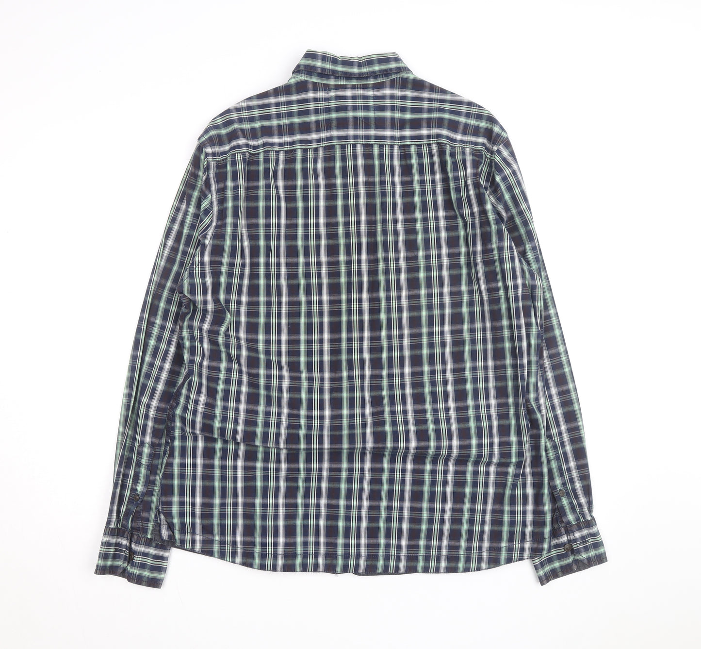 Marks and Spencer Men's Blue Plaid Cotton Button-Up Shirt L