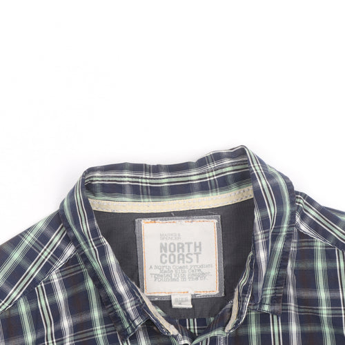 Marks and Spencer Men's Blue Plaid Cotton Button-Up Shirt L
