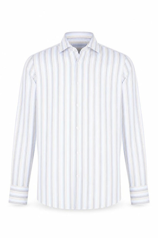Front view of Jeff Banks Men’s Blue Striped Tailored Fit Long Sleeve Shirt 16in