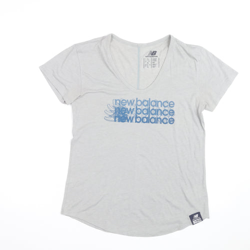 New Balance Womens Grey V-Neck Short Sleeve Cotton Blend T-Shirt Size 12