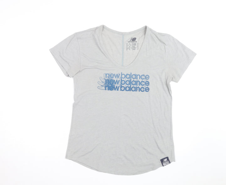 New Balance Womens Grey V-Neck Short Sleeve Cotton Blend T-Shirt Size 12