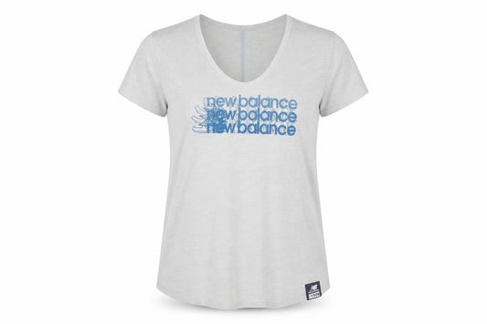 Front view of New Balance women’s grey v-neck short sleeve cotton blend t-shirt, size UK 12