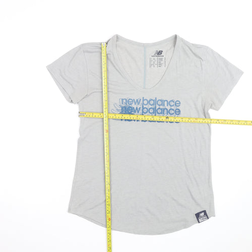 New Balance Womens Grey V-Neck Short Sleeve Cotton Blend T-Shirt Size 12