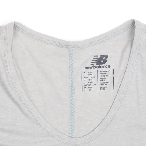 New Balance Womens Grey V-Neck Short Sleeve Cotton Blend T-Shirt Size 12