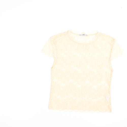 Zara Women Beige Lace Floral Short Sleeve Tunic Blouse Size S