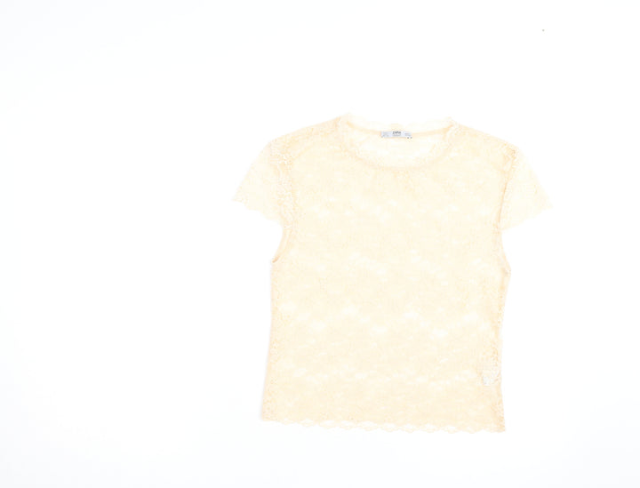 Zara Women Beige Lace Floral Short Sleeve Tunic Blouse Size S
