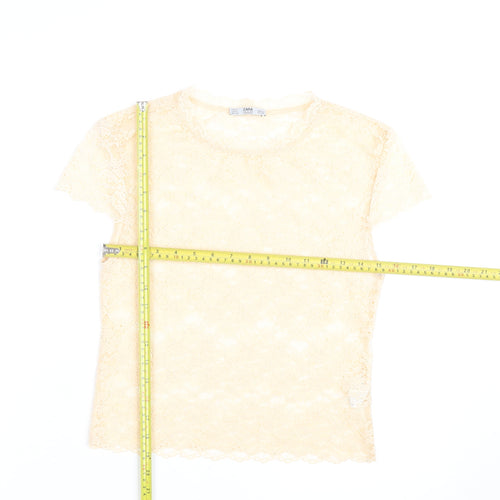Zara Women Beige Lace Floral Short Sleeve Tunic Blouse Size S