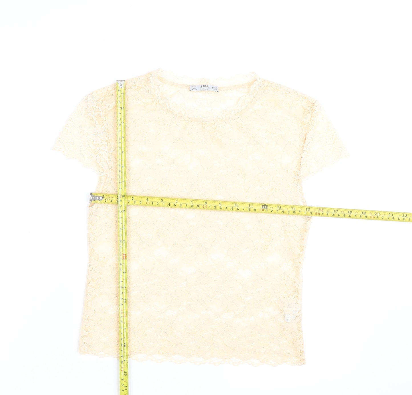 Zara Women Beige Lace Floral Short Sleeve Tunic Blouse Size S