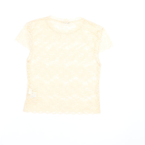Zara Women Beige Lace Floral Short Sleeve Tunic Blouse Size S