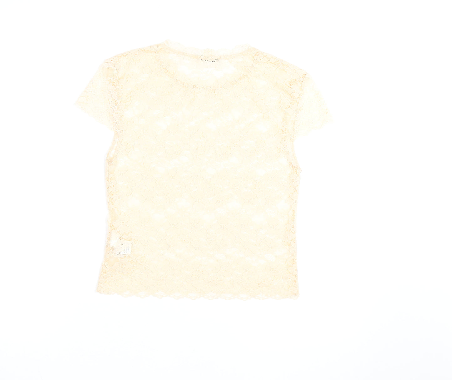 Zara Women Beige Lace Floral Short Sleeve Tunic Blouse Size S