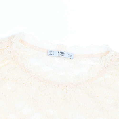 Zara Women Beige Lace Floral Short Sleeve Tunic Blouse Size S