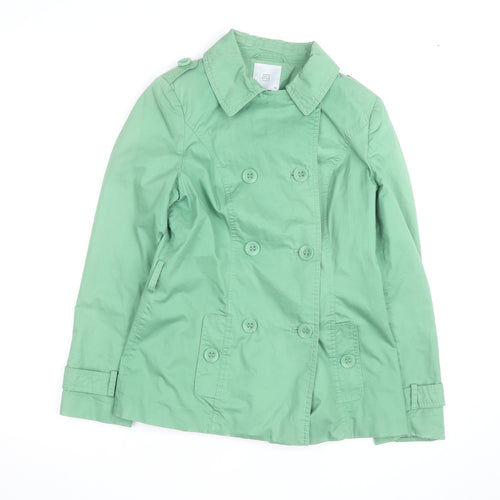 TU Women Green Cotton Trench Coat Size 10 Mid-Length Classic Style