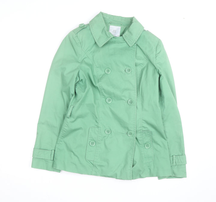 TU Women Green Cotton Trench Coat Size 10 Mid-Length Classic Style