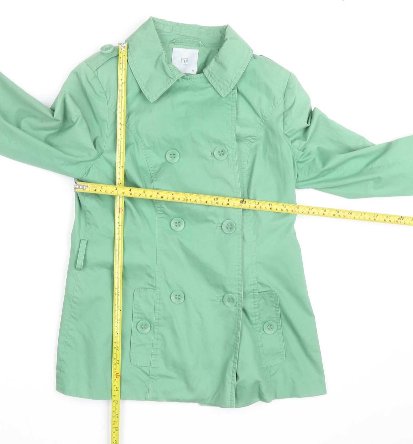 TU Women Green Cotton Trench Coat Size 10 Mid-Length Classic Style