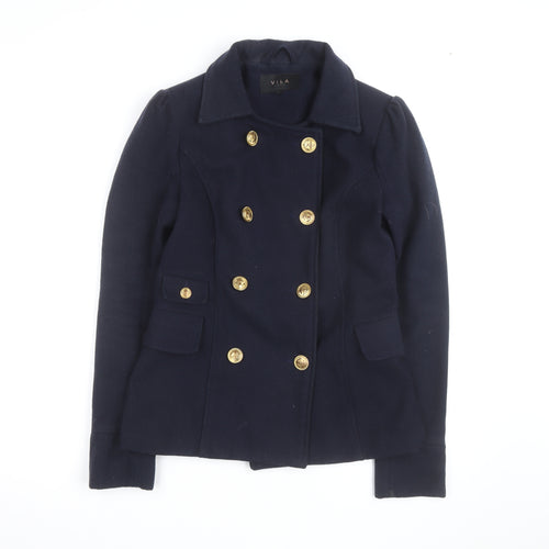 Vila Unisex Navy Blue Wool Blend Pea Coat Size S with Gold Buttons
