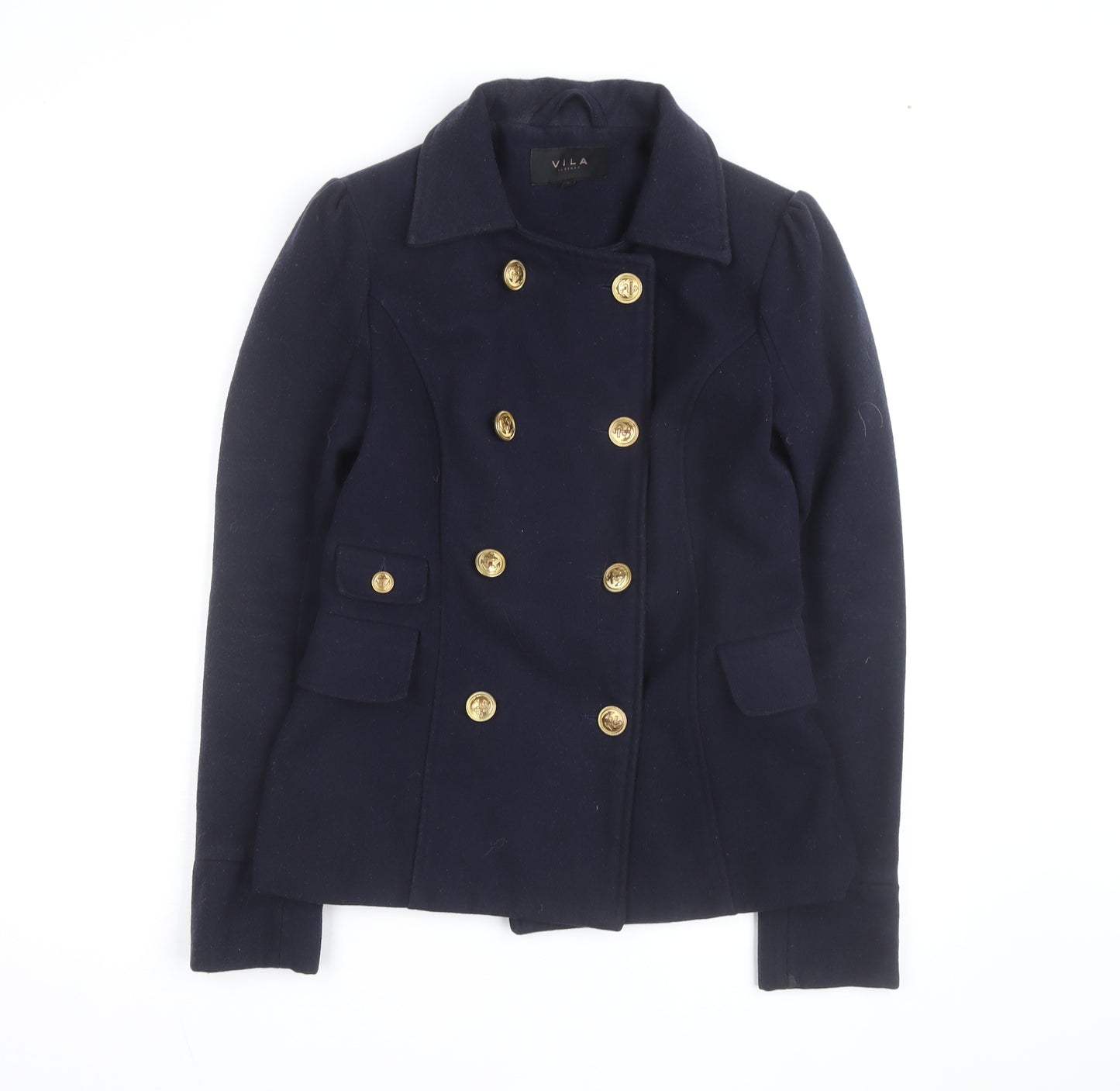 Vila Unisex Navy Blue Wool Blend Pea Coat Size S with Gold Buttons